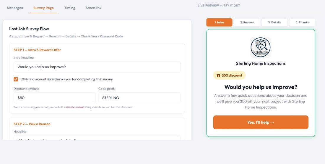Gitback lost-job survey editor with discount-code preview