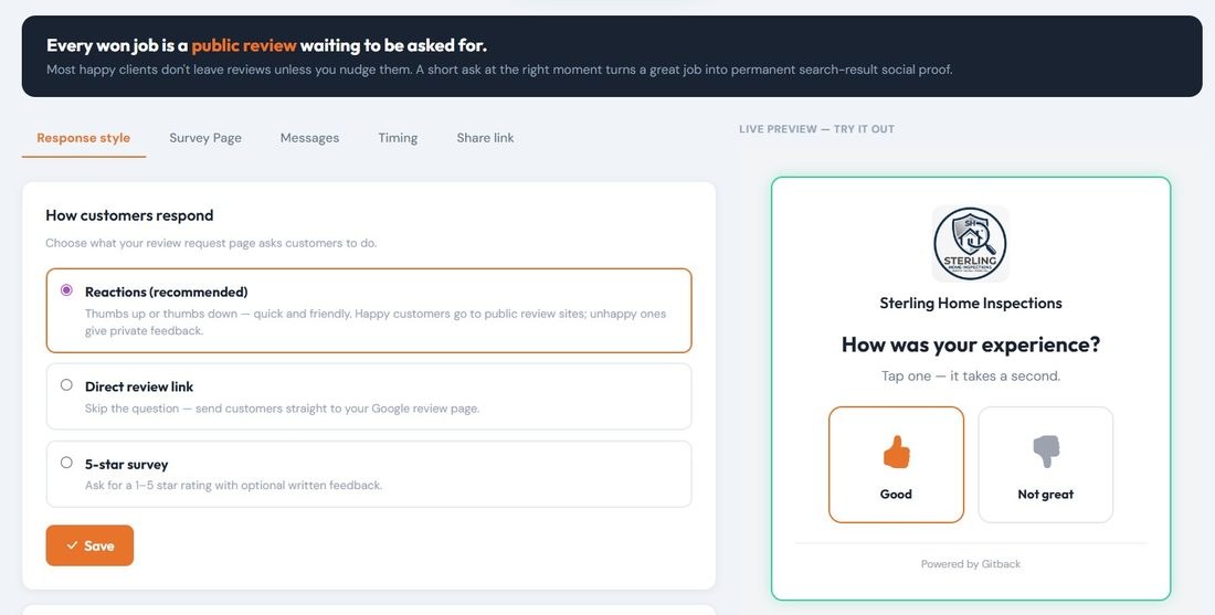 Review Requests editor with live thumbs-up / thumbs-down preview pane
