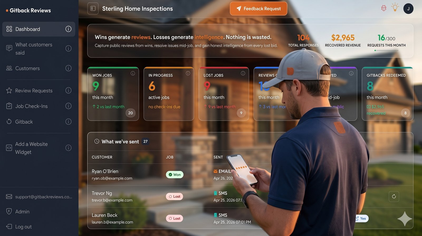 A field inspector at a jobsite checking the Gitback Reviews dashboard on his phone — review metrics, recovered revenue, and outbound activity at a glance.