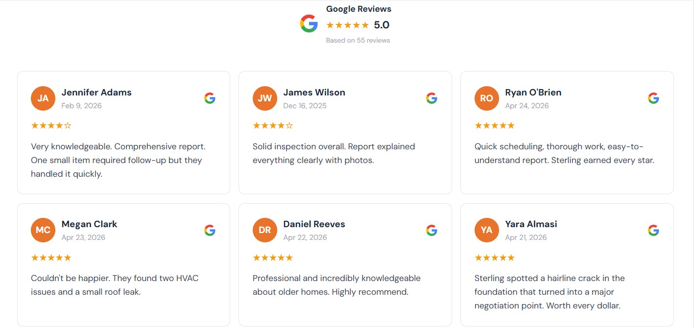 Google Reviews widget embedded on a customer website, showing a 3-by-2 grid of 5-star reviews